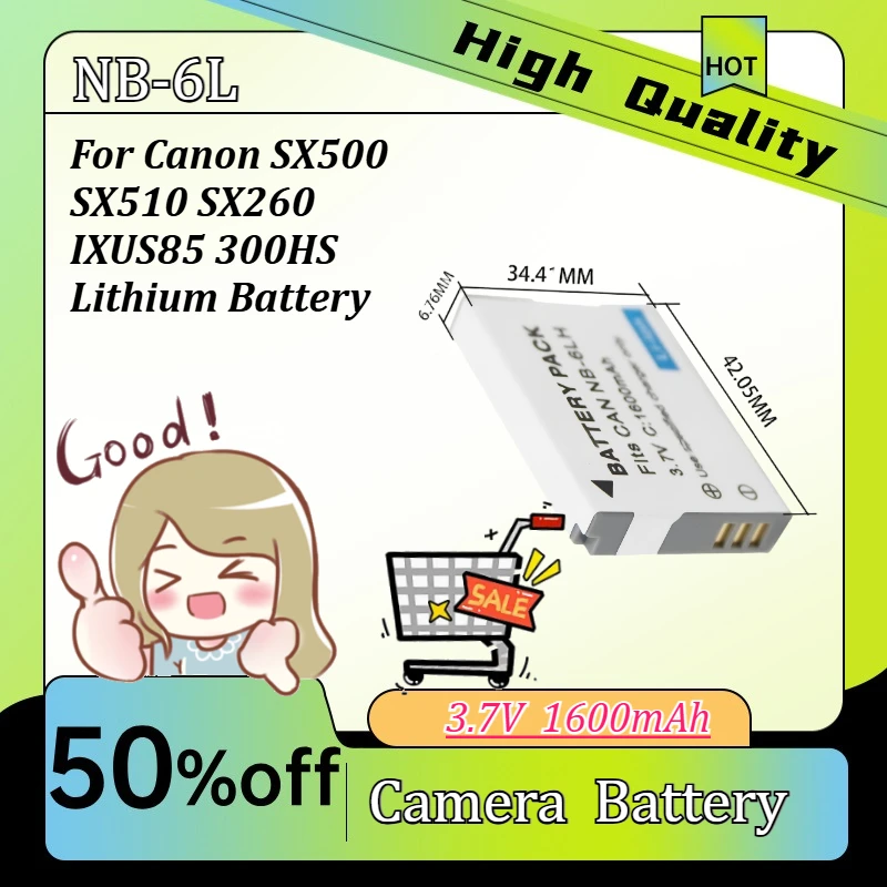 

3.7V 1600mAh NB-6L Lithium Battery Compatible with Canon SX500 SX510 SX260 IXUS85 300HS