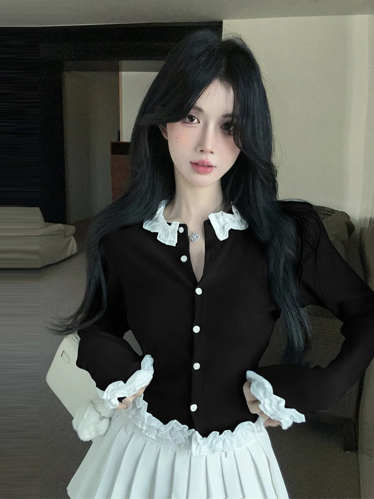 Casual Style Long Sleeve Open Cardigan Jacket Slimming Effect Wooden  Contrast Color Splicing Single Button Commuter Top
