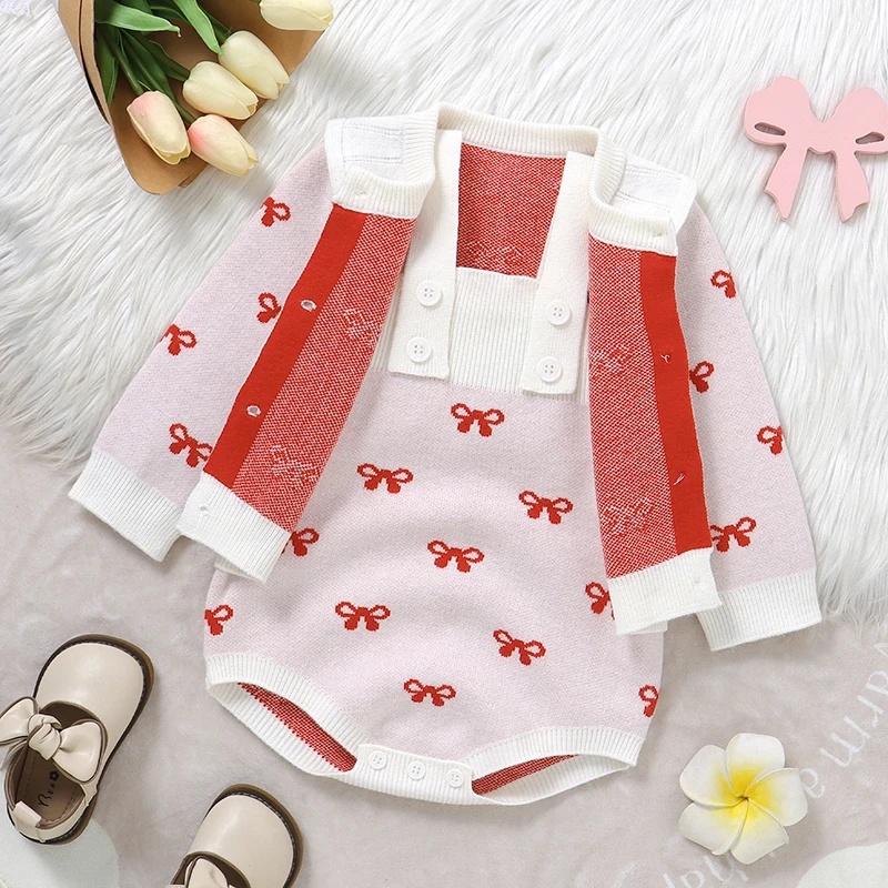 Girls Baby Clothes Set Knitted Newborn Kids Sweater Long Sleeve+Bodysuit 0-18M Fashion Bows Infant Cardigan +Romper 2pcs Autumn