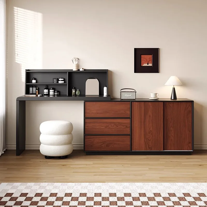 ！@Reddish-brown Vintage Dressing Table Chest of Drawers Integrated Walnut Wood Grain Corner Storage Extendable Adjustable Vaniti