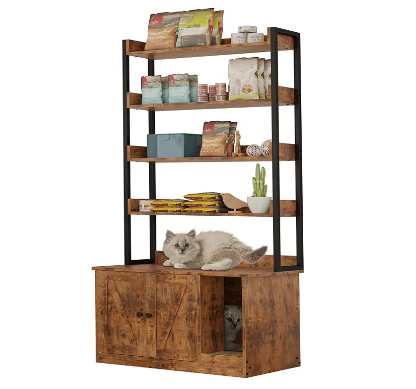 

Мебельный туалет-лоток для кошек на заказ с 4 полками и дверцами, большой, деревянный, скрытый, с местом для хранения и когтеточкой