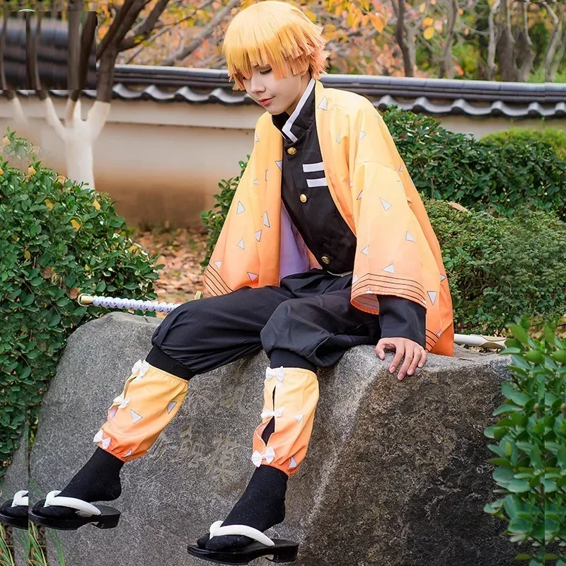 Demon Slayer Kimetsu No Yaiba Anime Cosplay Traje, Kimono Agatsuma Zenitsu Uniforme, Halloween Party Costumes, Adulto e Infantil