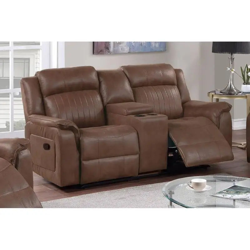 Contemporary Manual Motion Loveseat with Console, Living Room Furniture, Dark Coffee Breathable Leatherette Couch
