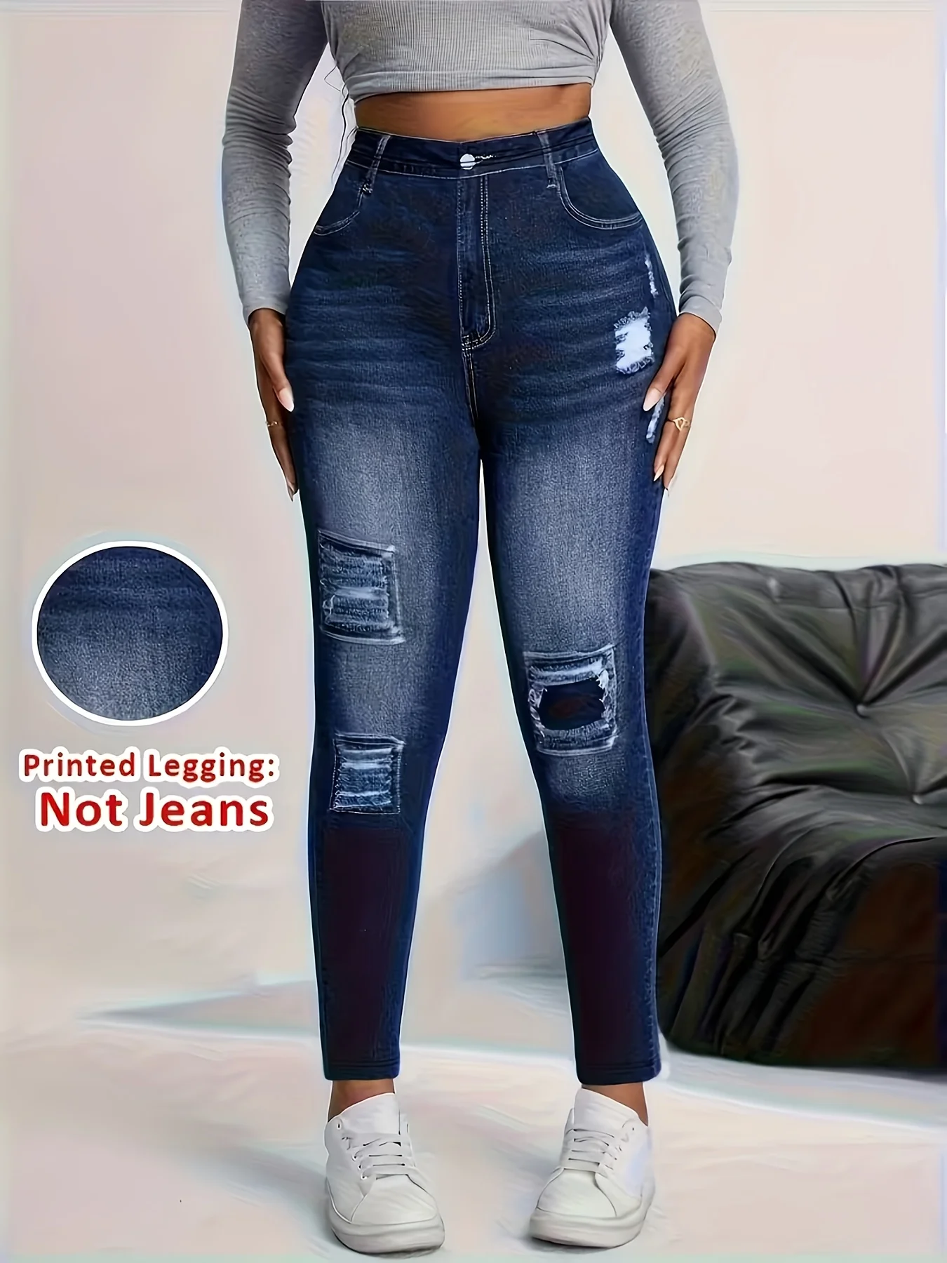 Women High Waist Slim Fake Denim Floral Print Long Pants, Casual Sports Daily Wear