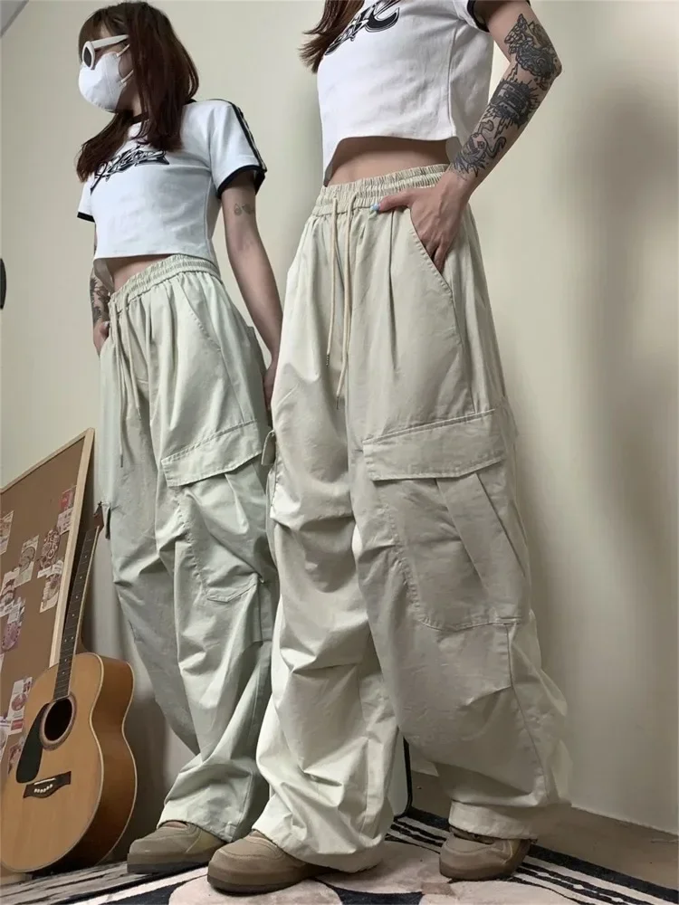 HOUZHOU Damskie spodnie cargo Vintage Y2k Oversized Trousers Baggy Korean Streetwear 90s Hippie Beige Pleated Joggers Hip Hop Style