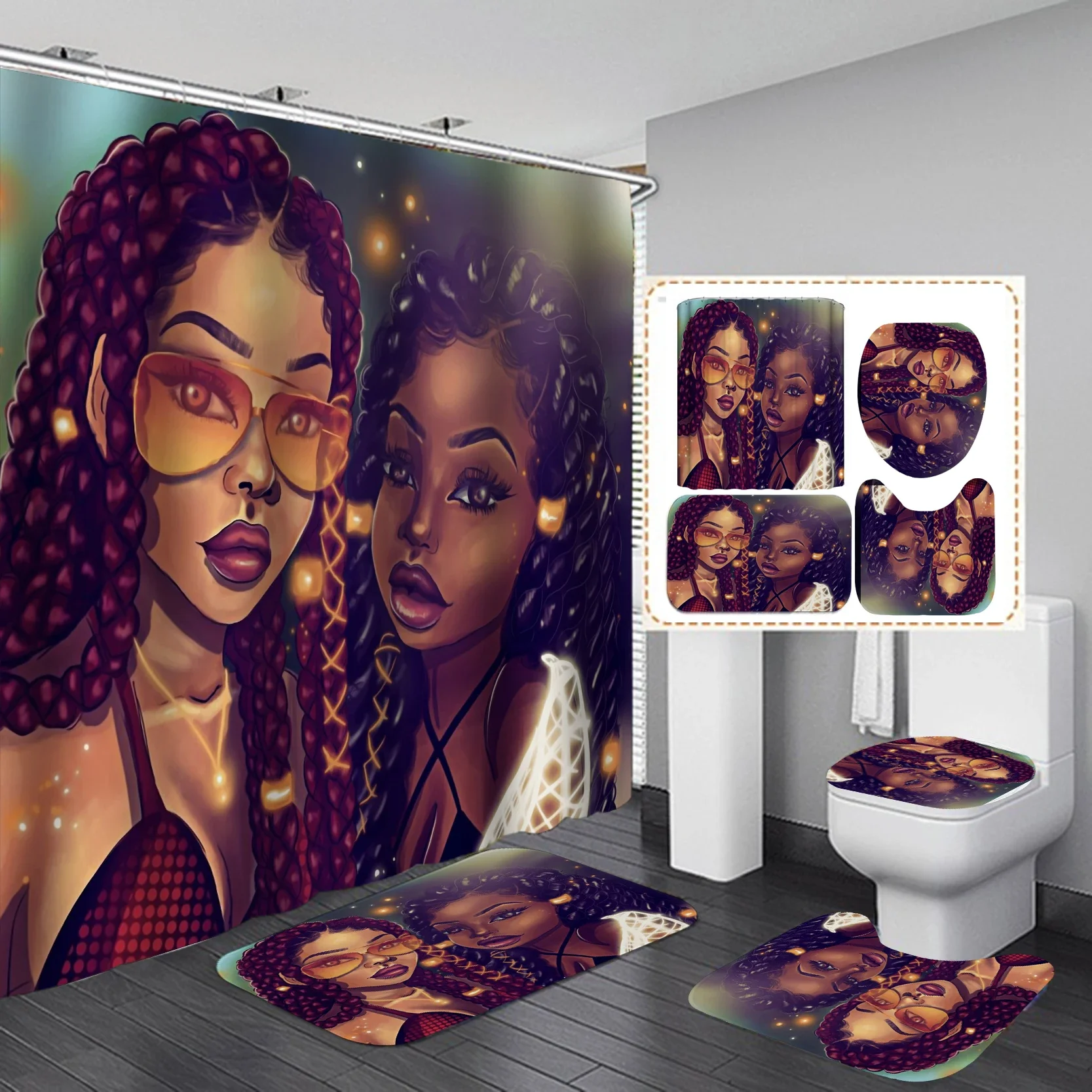 Home Goods Cool African Girl Custom Waterproof Fabric Shower Curtain Set, Bathroom Accessories Digital Print Shower Curtain Set/