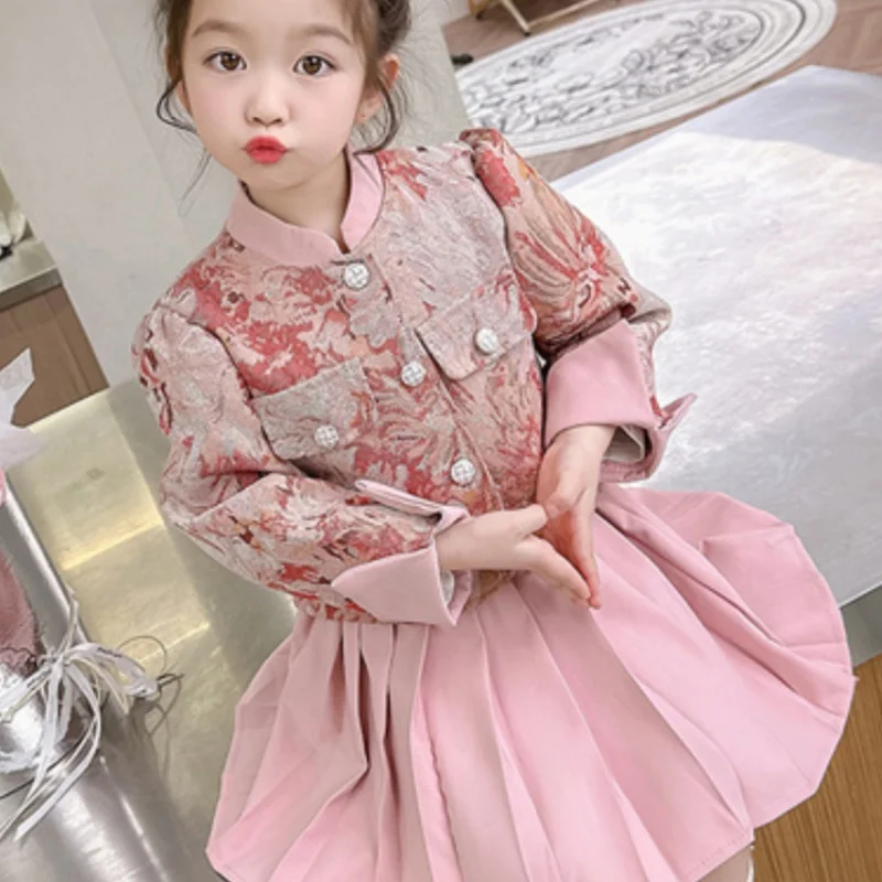 

Girls Coat+Skirts Kids Suits 2PCS/Set Cotton 2024 Pink Spring Autumn Cotton Jogging Suit Teenagers Children Clothing