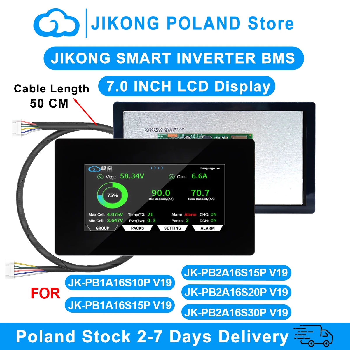 JIKONG JK LCD-Display 7,0 Zoll Smart-Touchscreen für PB-Serie V19 Version Energiespeicher Smart-Wechselrichter BMS JKBMS Zubehör