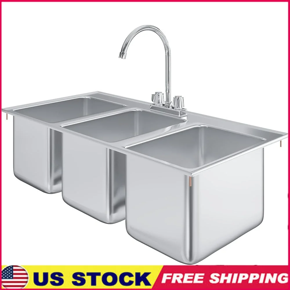 

Stainless Steel 3 Compartment Drop In Sink NSF Certified with Faucet Commercial Kitchen Sink 10 x 14 x 10 Perfect Restaurants