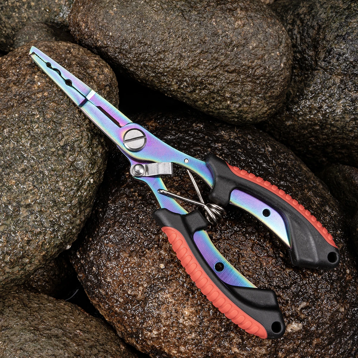 كماشة صيد متعددة الوظائف مع قاطعة حلقية مقسمة من سبائك التيتانيوم الملونة ومقبض ضغط من الرصاص غير قابل للانزلاق، أداة صيد #2