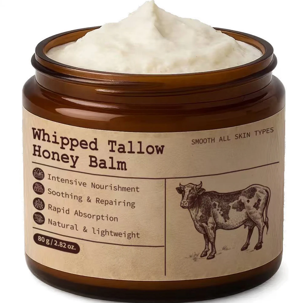 Bálsamo de miel Tallow batido 100% hidratante facial Tallow de ternera con relleno de hierba - Crema de aceite de oliva y miel de Manuka para pieles secas y sensibles