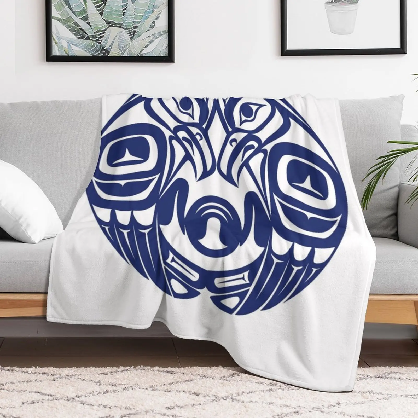 Double raven circle pacific northwest formline salish haida eagle moon Throw Blanket Beach bed plaid Blankets