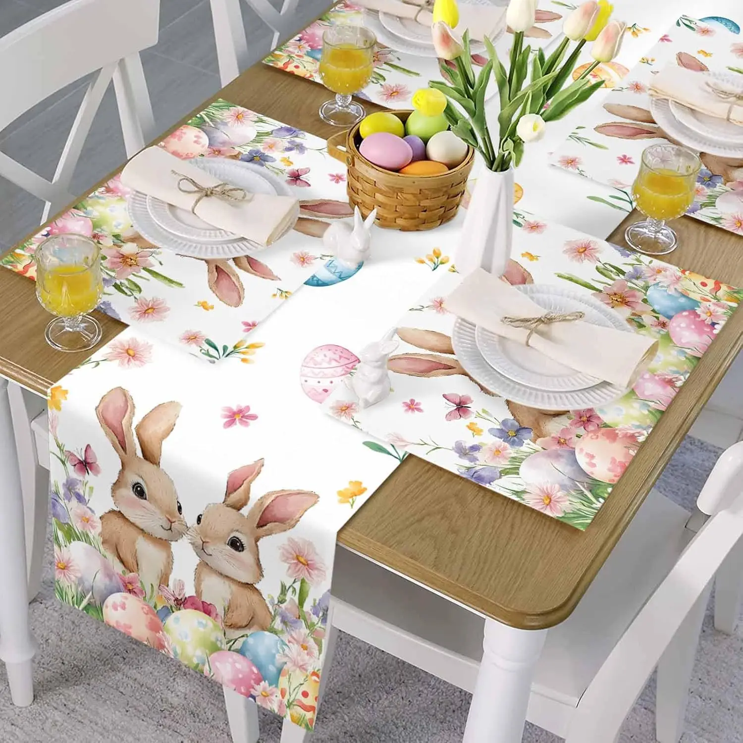 Spring Easter Bunny Colorful Eggs Floral Linen Table Runner Party Decor Farmhouse Kitchen Dining Table Runner Easter Decorations
