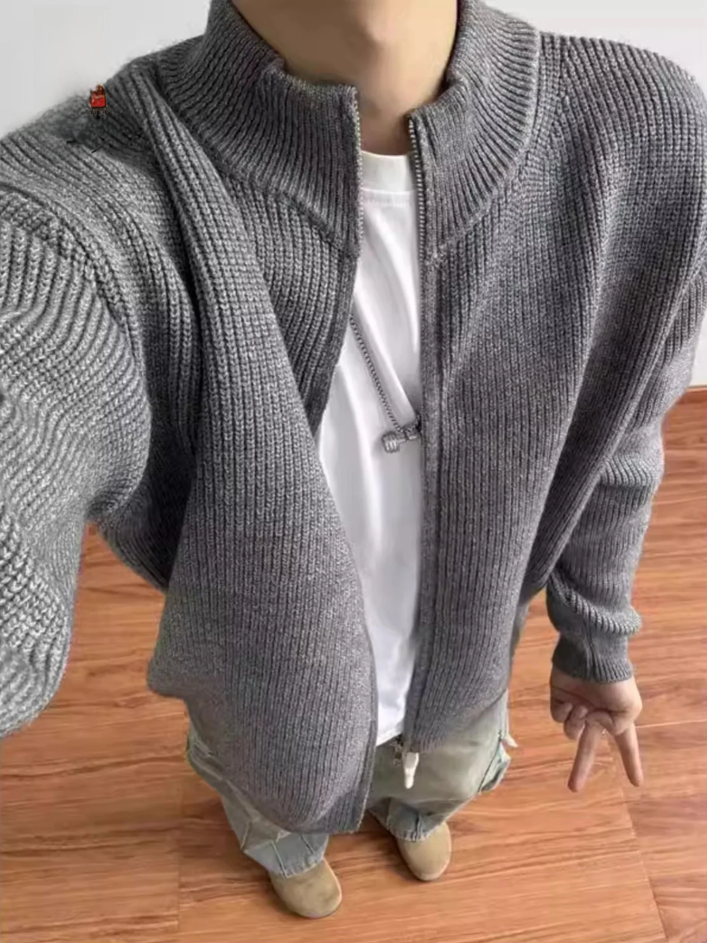 

Cleanfit ey Zipper Knitted Cardigan Men's Spring Autumn f High Collar Lazy oulder Jaet Soft Thiened Polyester Fiber