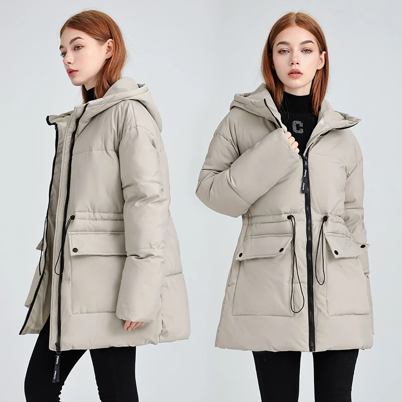 

Fashion New Women's Thick Medium Long Down Cotton Padded Jackets Winter Coats Waist Drawstring Big Pockets Russia Hooded Outwear