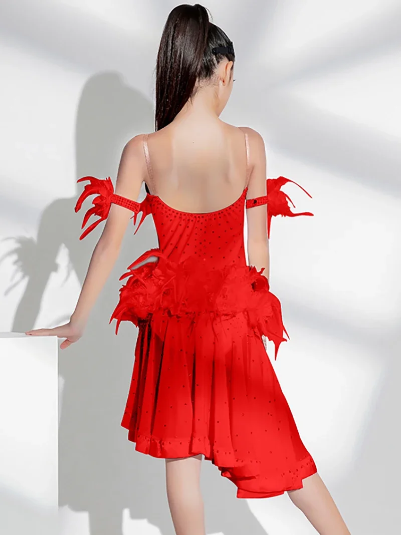 فستان رقص لاتيني للسيدات للأطفال والبنات ملابس مزهرة من الريش لقاعة الرقص والتدريب الاحترافي ملابس رقص رومبا تشا تشا