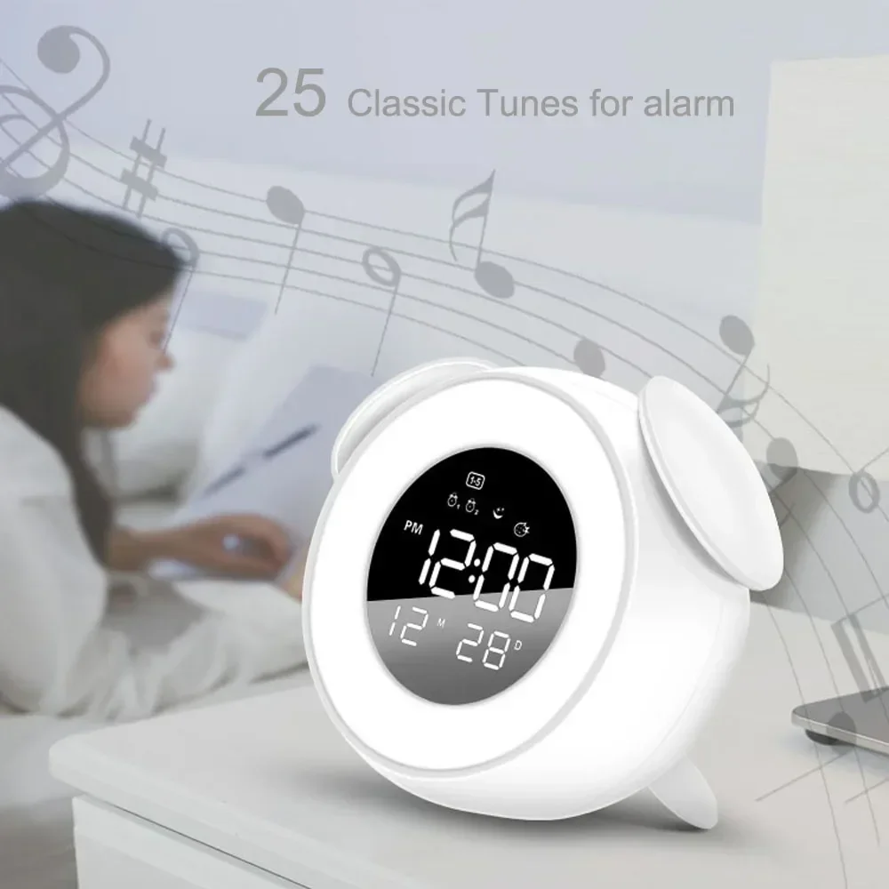 Bedside Sunrise Sunset Wake Up Light Digital Led Music Alarm Mirror Clock Bedroom Desk Calendar Snooze Clock Table Phone Charger