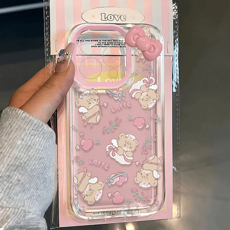 Cute Cupid Bear Bow Phone Case For iPhone 16 15 14 13 12 11 Pro Max XR XS MAX 7 8 PLUS MINI Y2K Shockproof Bumper Cover