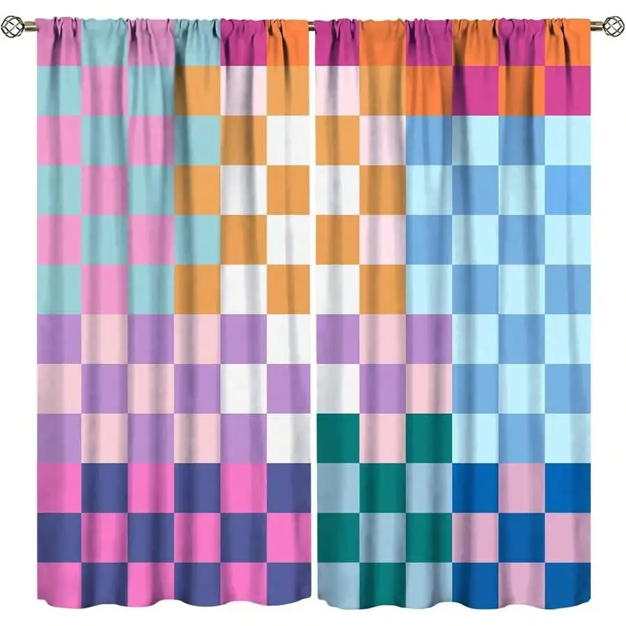 Rainbow Retro Checkered Geometric Print Curtain Set 2 Panels Rod Pocket For Living Room Bedroom