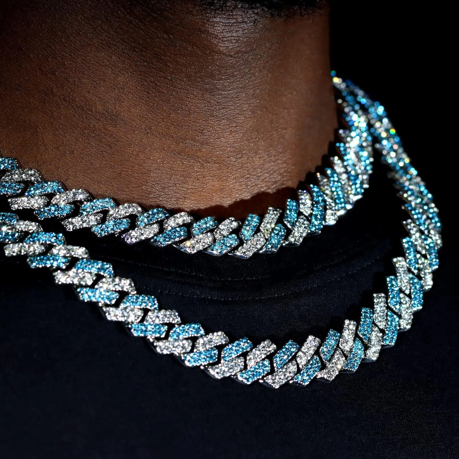 Full rhinestone geometric blue Heavy Cuban Link Chain men's necklace Hip Hop jewelry