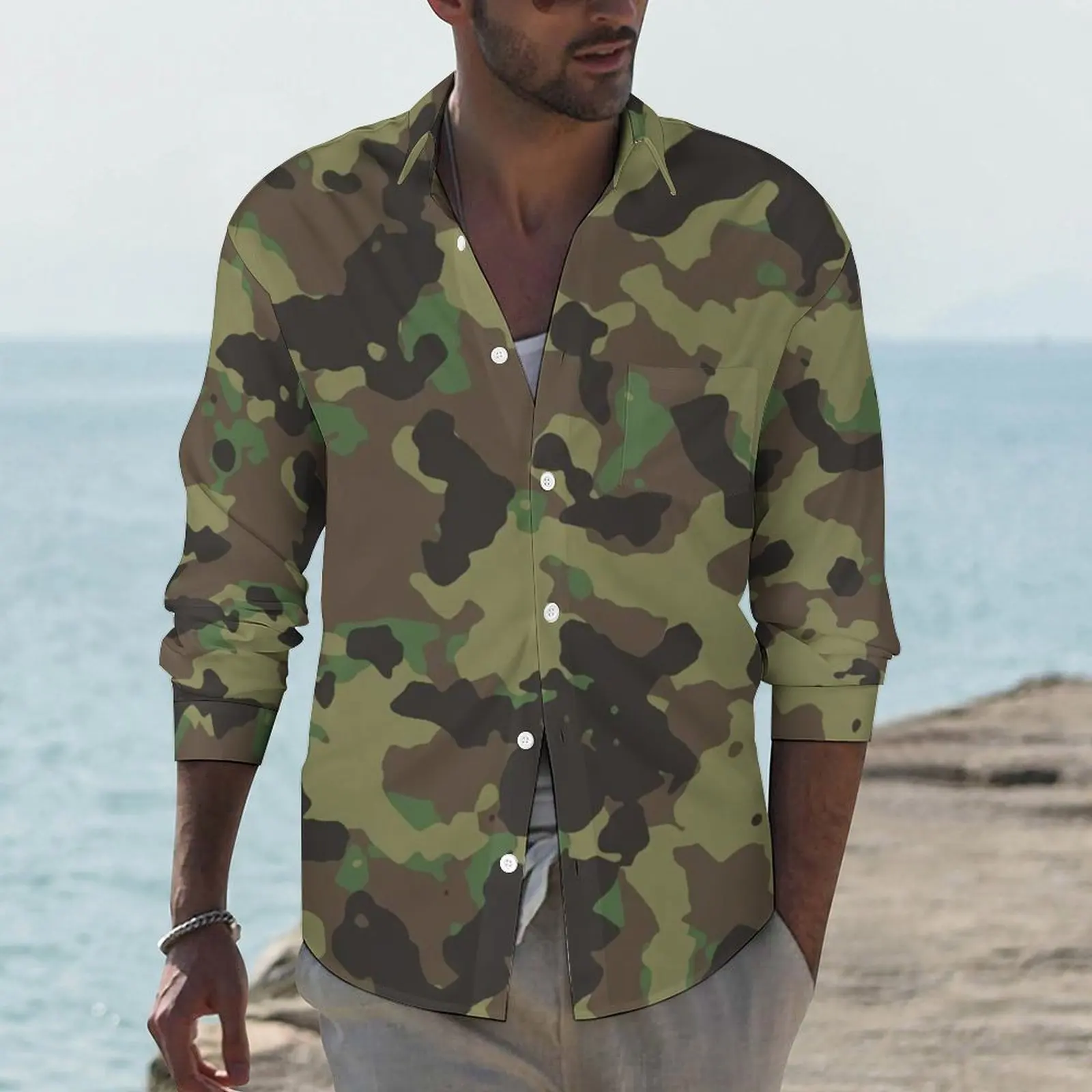 

Military Camo Aesthetic Casual Shirt Men Camouflage Army Shirt Spring Fashion Blouses Long Sleeve Custom Oversize Clothes