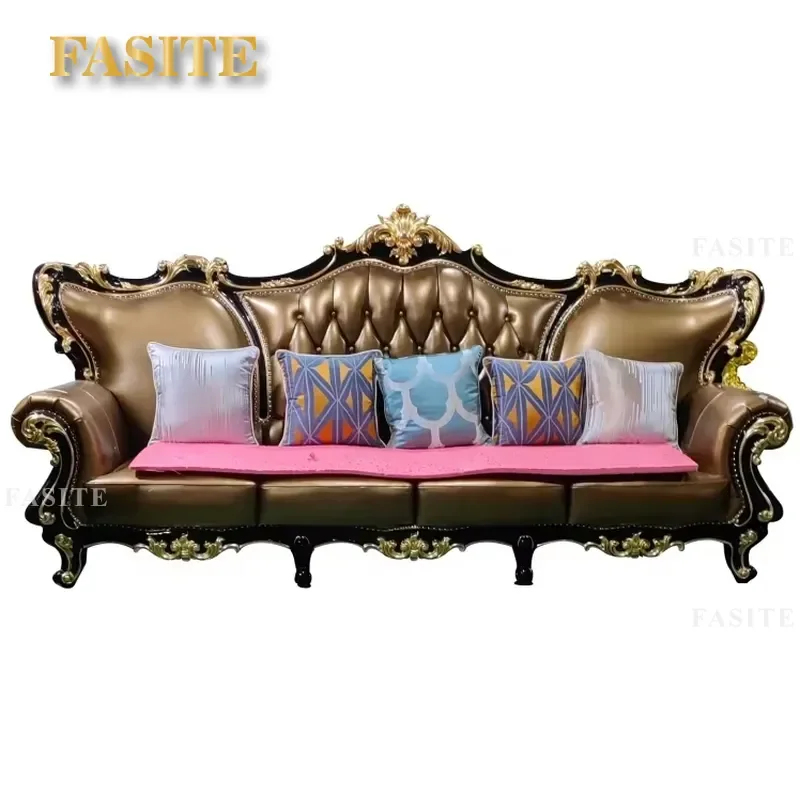 European Style Classic Living Room Furniture Luxury Carved Solid Wood Genuine Leather Sofa Set Elegant Home Decor