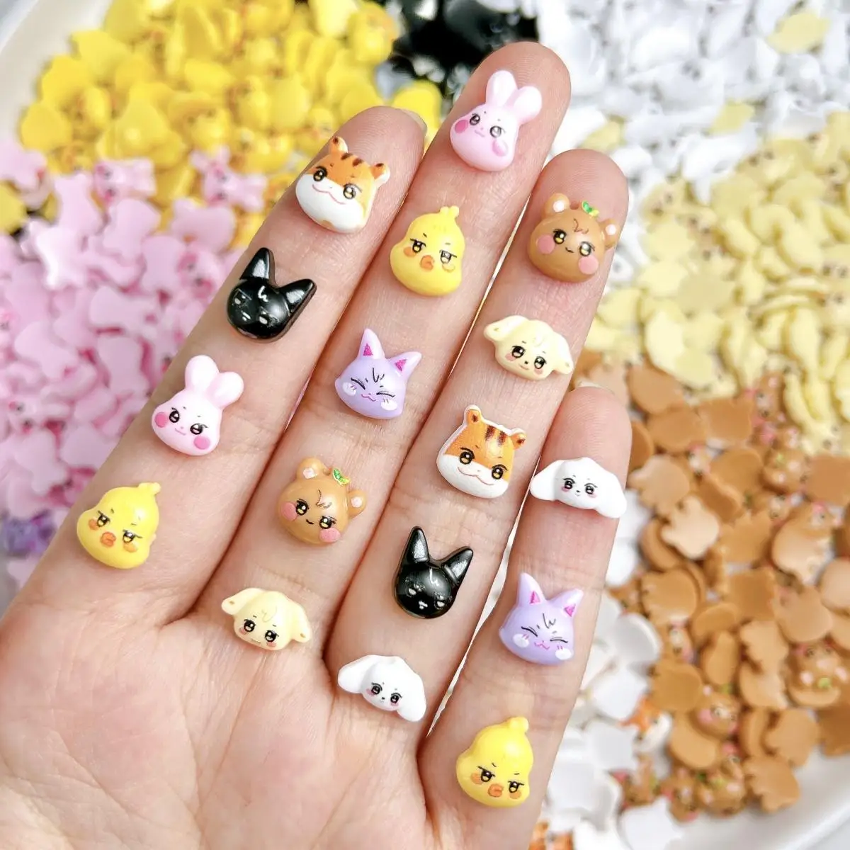 50PCS Adorable Cartoon Yellow Chicken Rabbit Resin Nail Charms 3D Creative Tiger Bear Animal Series Nail Art Decorations for DIY