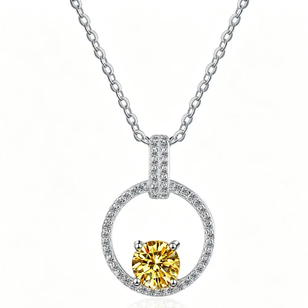 

925Silver Full Halo Open Circle Round Single Stone Pendant Necklace Round Cut D VVS1 Multi Color Moissanite Stackable Jewelry