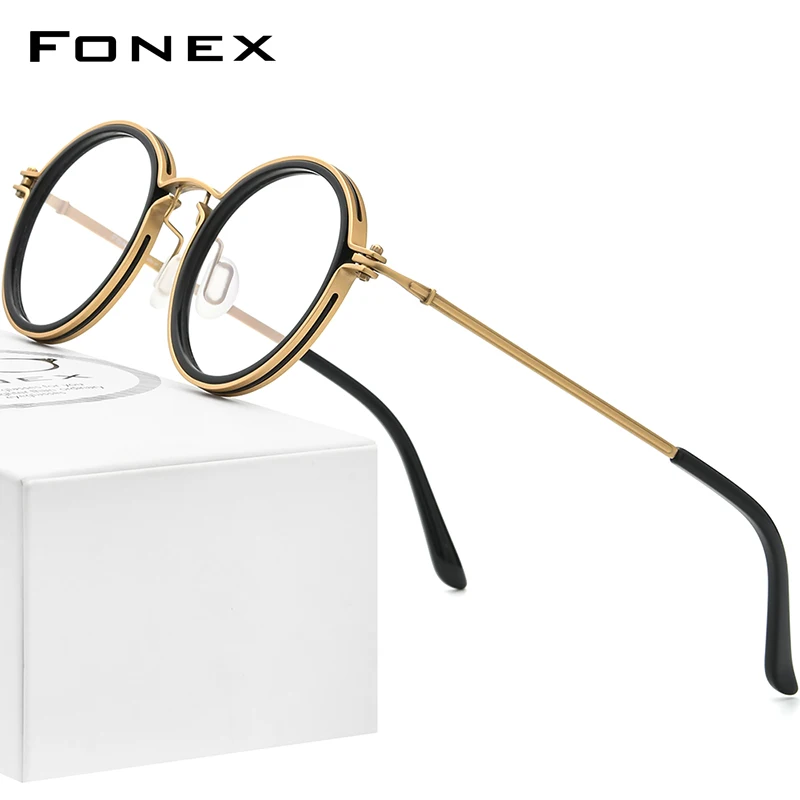 FONEX Acetate Titanium Glasses Frame Men Vintage Round Eyeglasses Women Spectacles Korean Eyewear F85692