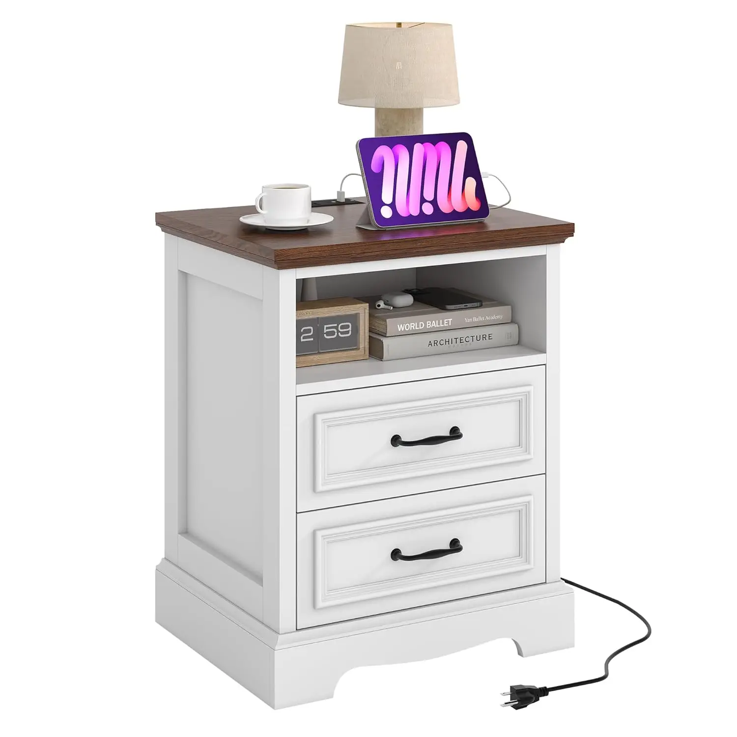 

18" Farmhouse Nightstand with Charging Station, Night Stand Wood End Table with 2 Drawers Storage, Modern Side, Customized