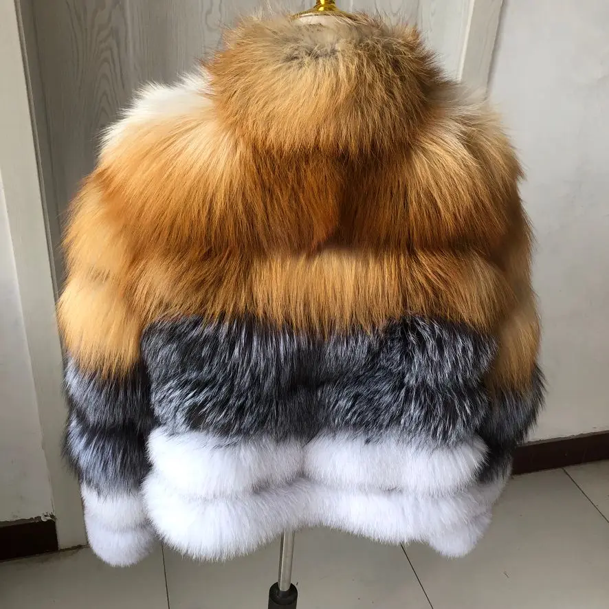 Women\'s Fall Winter Luxury Natural Fur Coat Ladies Fashion Real Fox Fur and Red Fox Silver Fox Fur Mixed High Quality Fur Jacket