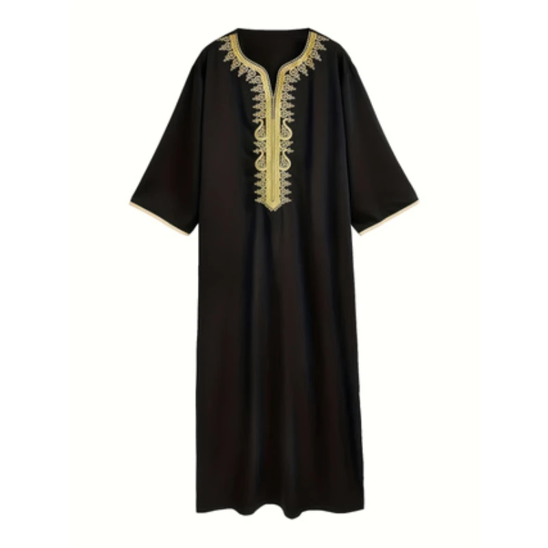 Men's Polyester Black Abaya Dress Seasonal Arabian Robe Embroidery Islamic Clothing Adults Muslim Traditional JubbaThobes Kaftan