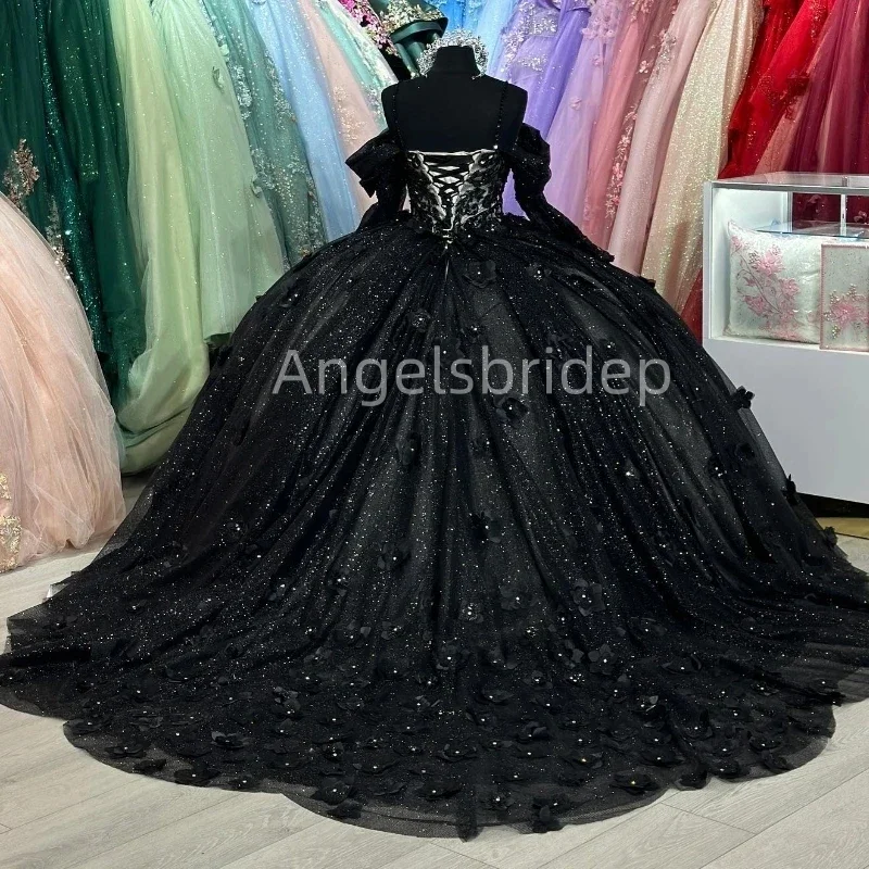 Angelsbridep-Vestido de baile luxuoso com apliques 3D, mangas compridas, 15 vestidos Quinceanera, bridas, aniversário, baile, festa