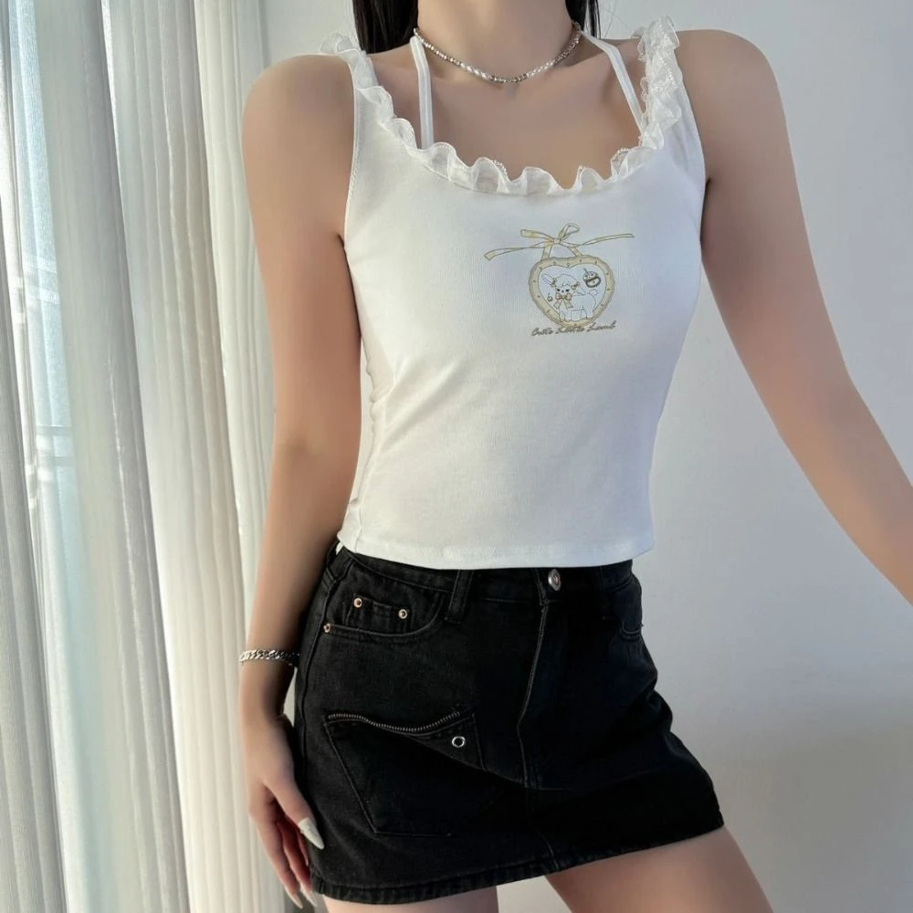 Camisola con cuello Halter de encaje falso de dos piezas, Top corto de encaje ajustado sin mangas con letras, chaleco, sujetador de verano con almohadillas, camisola junto al mar