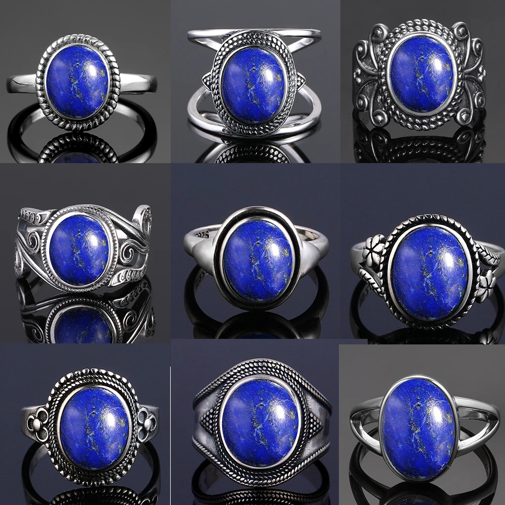 Cincin perak murni 925 alami Oval besar alami Lapis Lazuli untuk wanita pria hadiah Vintage cincin besar grosir perhiasan bagus