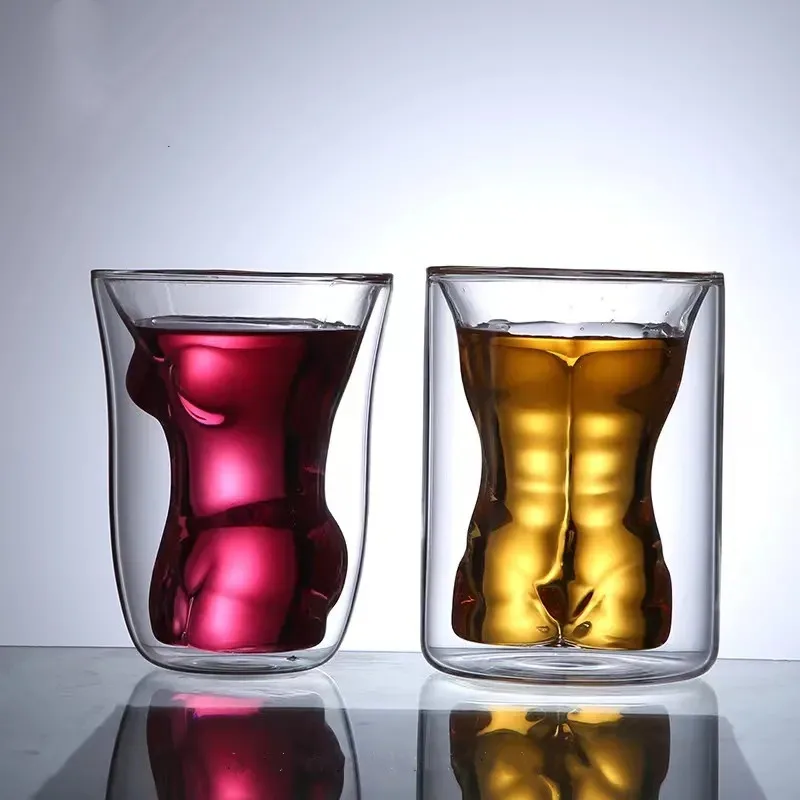 Taza de vidrio corporal Sexy creativa para mujer, vasos de whisky de cuerpo desnudo para hombre musculoso, café, leche, cóctel, cerveza, vino, tazas de té únicas