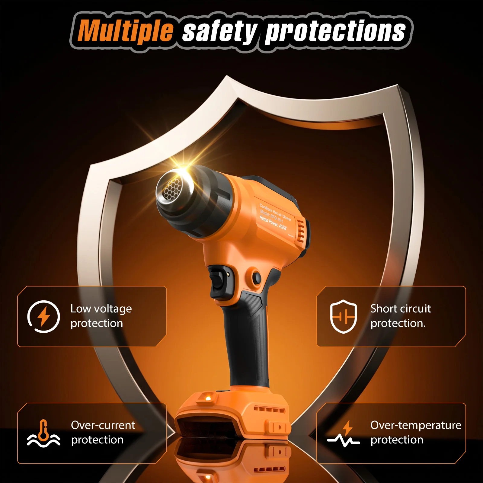Akku-Heißluftpistole, kompatibel mit Makita- und Dewalt-Akkus, 480 W, 2 Geschwindigkeitsstufen, maximale Heizleistung 720. ℃ Mit LED-Licht zum Schrumpfen, Lackentfernen und Anbringen von Autofolien – Detail 4