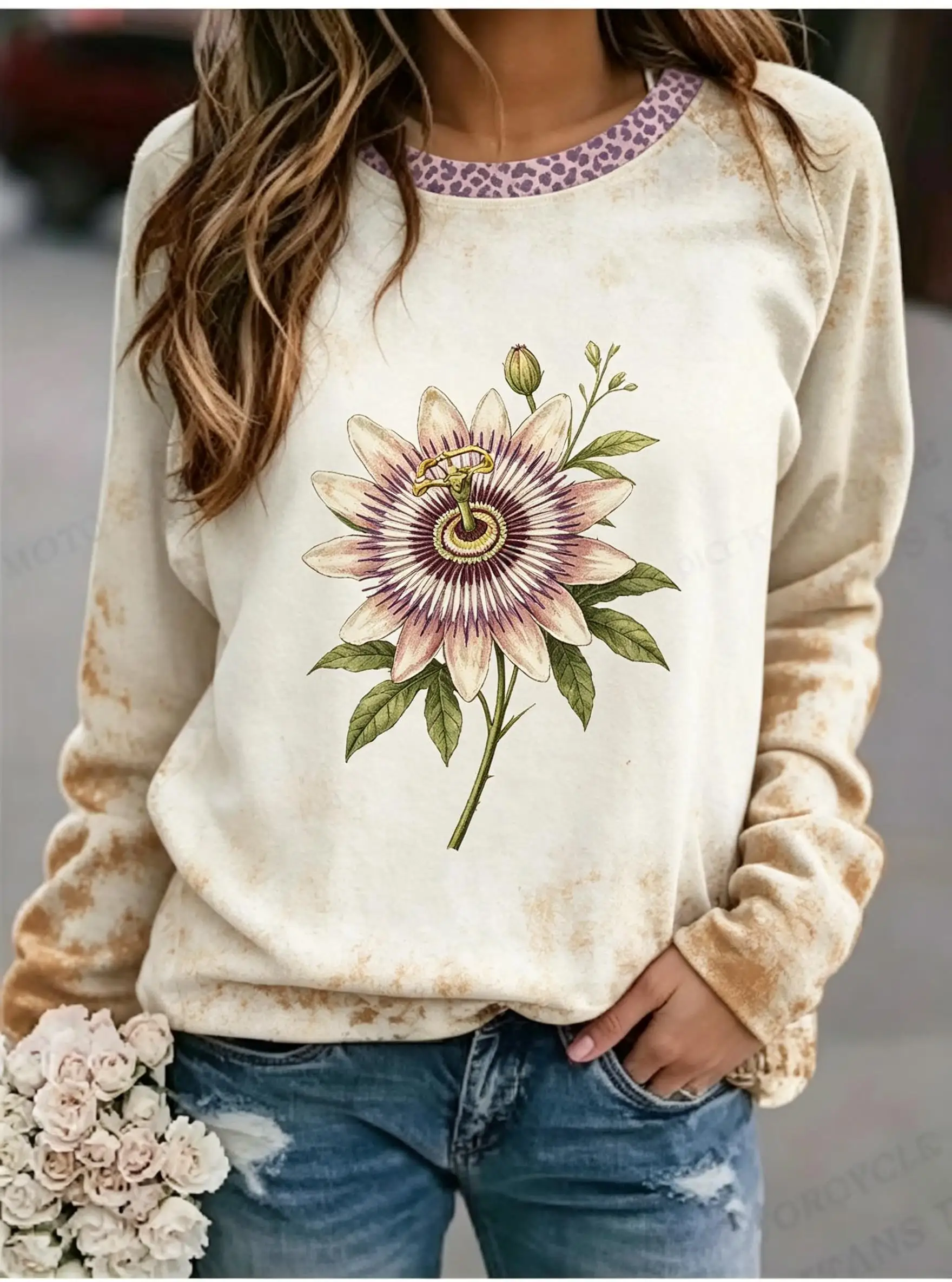 Women Long Sleeve Tee Top Passion Flower Leopard Collar Bleach Print Autumn Fashion Casual Round Neck Sweatshirt Women's Clothes