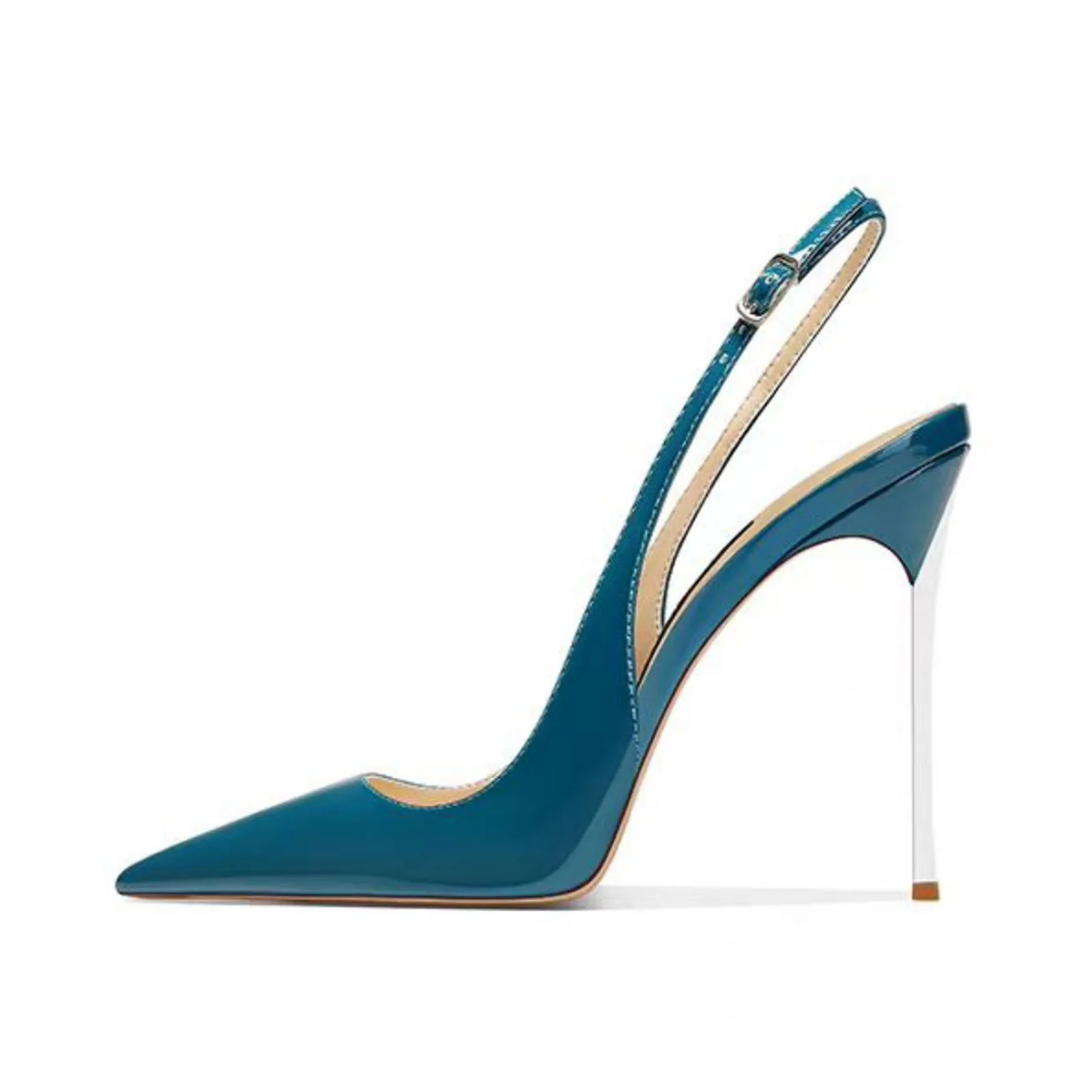 Arden Furtado Summer Blue Patent Leather Pointed toe Mixed Colors Super high heel Rear trip belt Buckle strap Closed toe sandals