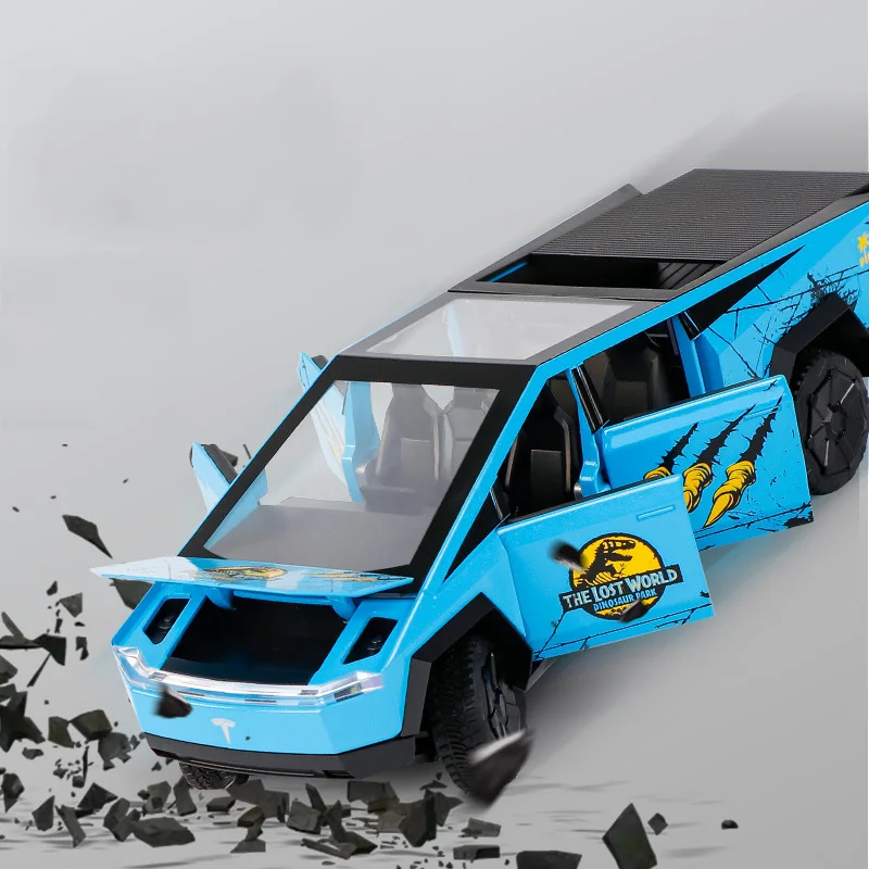 รถกระบะไซเบอร์ทรัค ไดโนเสาร์จูราสสิค รถพลังงานใหม่ ของเล่นรถโลหะแบบหล่อขึ้นรูป ขนาด 1:24 แบบดึงหลัง วัสดุอัลลอยด์ ของสะสม