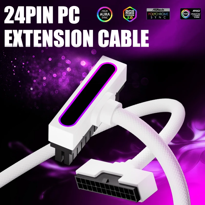 24PIN PC PSU Extension Cable ARGB with 5V 3Pin,18AWG 90 Degree Power Cable Integrated Minimalist Design Management & DIY