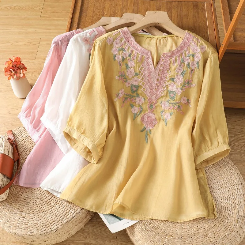 

Chinese Style Women's Blouses Embroidered Vintage Shirts Loose Summer Clothing Short Sleeved Cotton Linen Women Tops