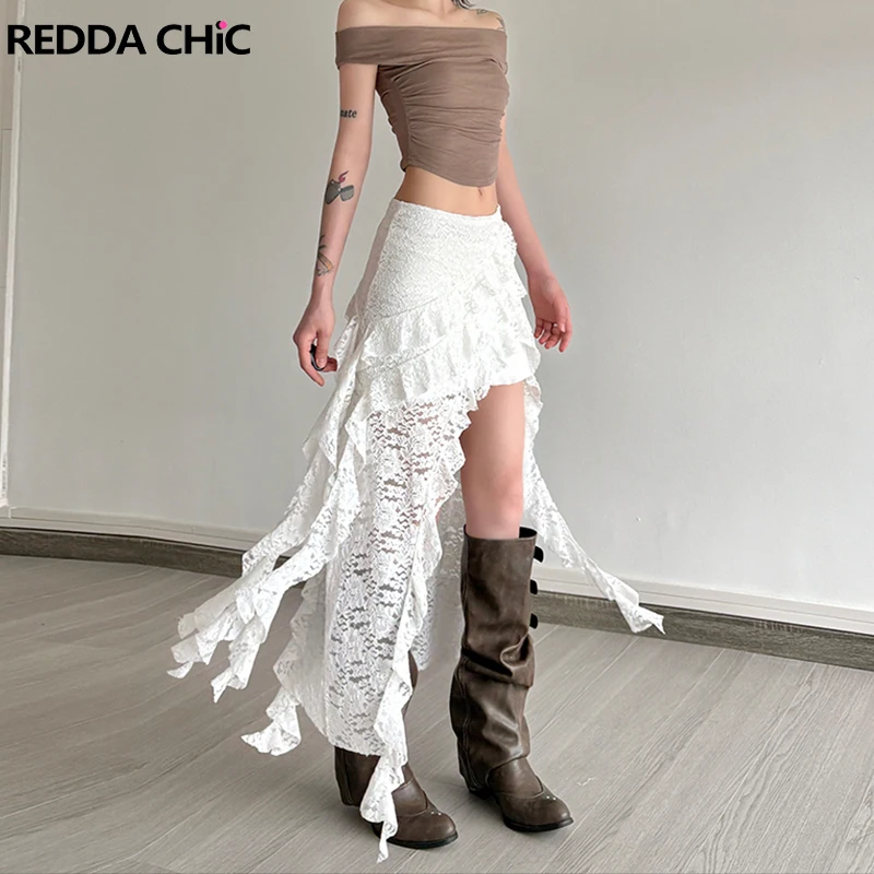 

ReddaChic Women Tassels Skirts Irregular Hem Layered Ruffles Lace Patchwork Sweet Skirt Summer Trend Daily Skinny Versatile Wear