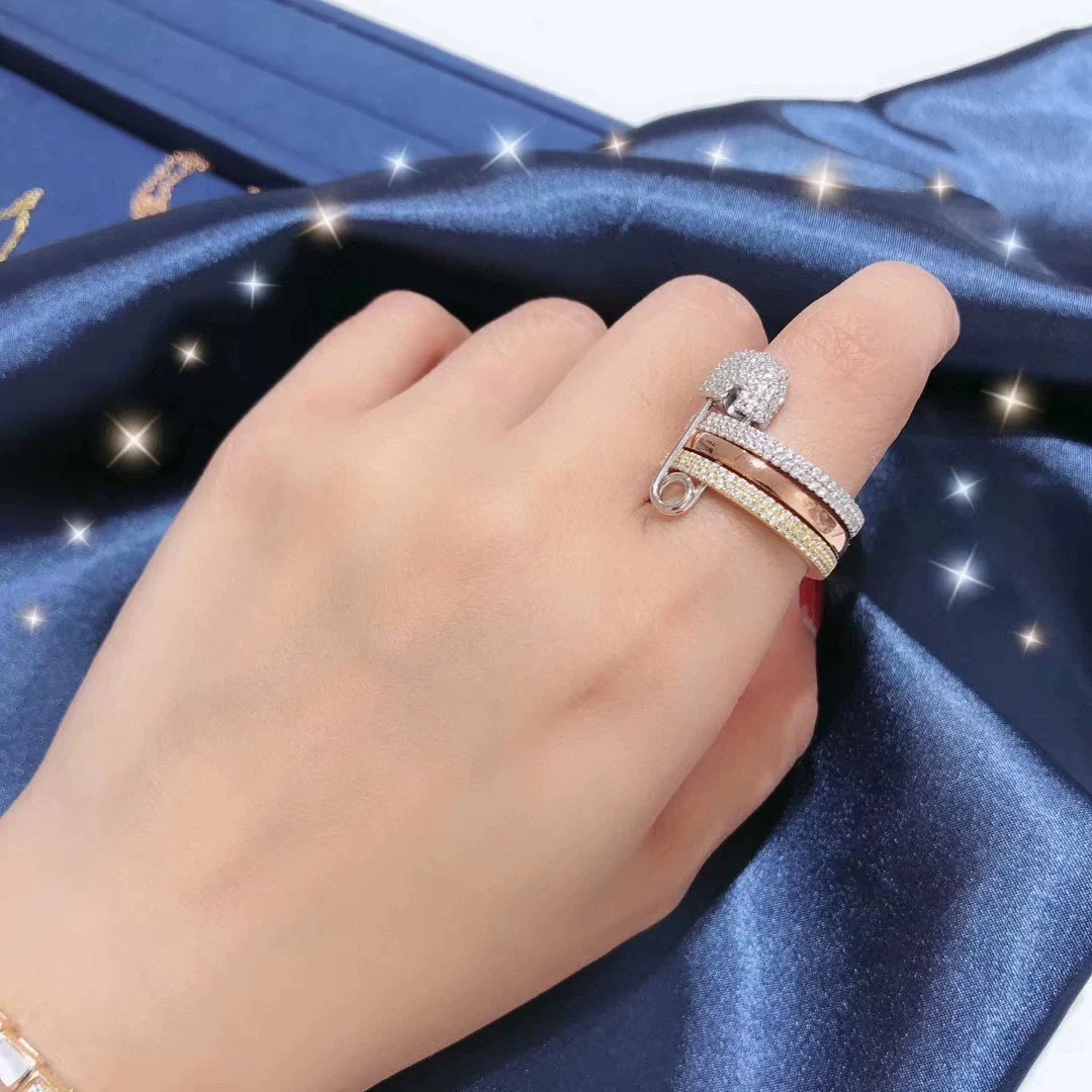 Exquisite Jewelry Unique Pin Design S925 Silver Wedding Ring for Women, Three Ring Tricolor. Best Jewelry Gift for Anniversary