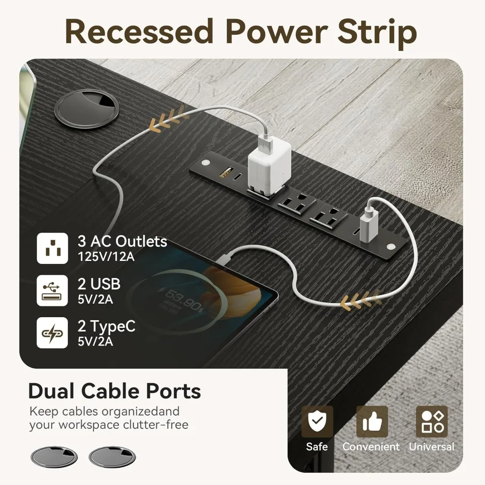مكتب تنفيذي مقاس 71 بوصة مع منافذ USB، ومكتب مكتب كمبيوتر، وطاولة كتابة حديثة كبيرة، وأثاث أعمال لمحطة العمل #4