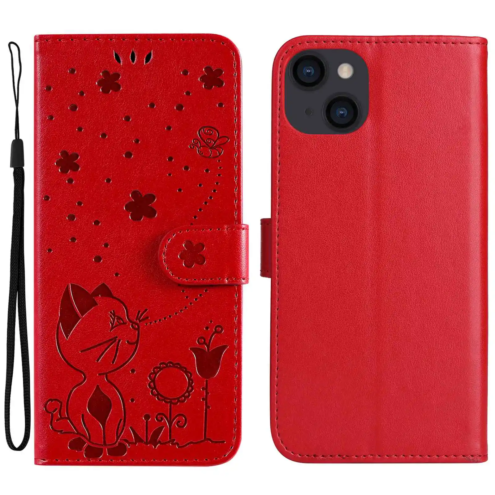 PU Leather Flip Wallet Cover Stand with Strap For iPhone SE 15 16 Pro Plus 15 16 Pro Max Case Imprinted Cat and Bee Pattern