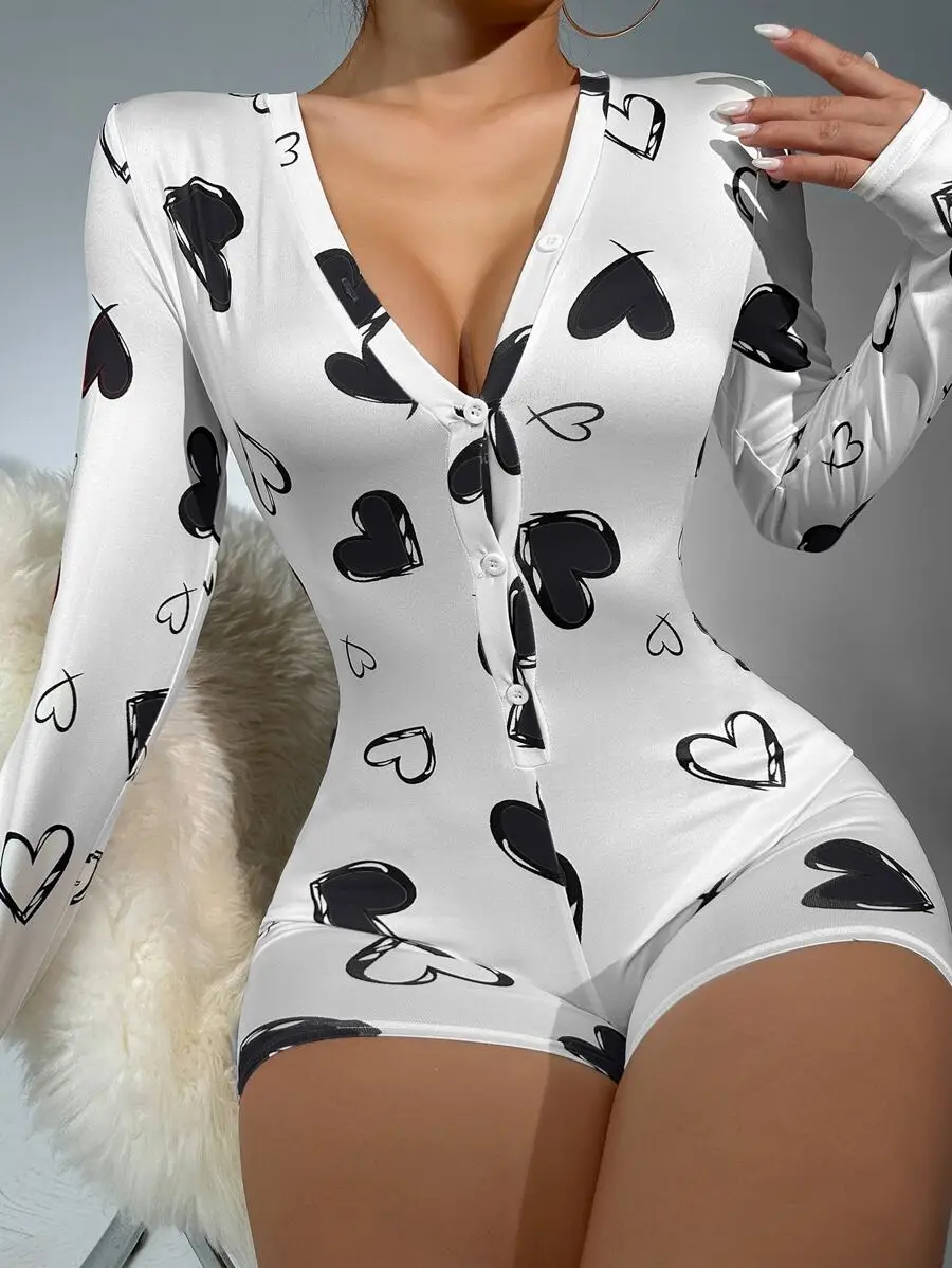 

Women's White Heart Print Button-Front Romper with Long Sleeves