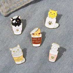 Coffee Cat Enamel Pin Coffee Cup with Paw Brooches Kitty Metal Badges Bag Clothes Pins Up Jewelry Gift for Cat Lover