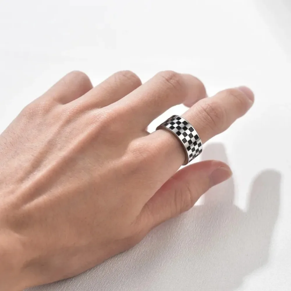 U7 Stainless Steel Checkerboard Black White Chess Chequer Board Ring for Men Women Punk Rock Stylish Ring Jewlery Gift QC25