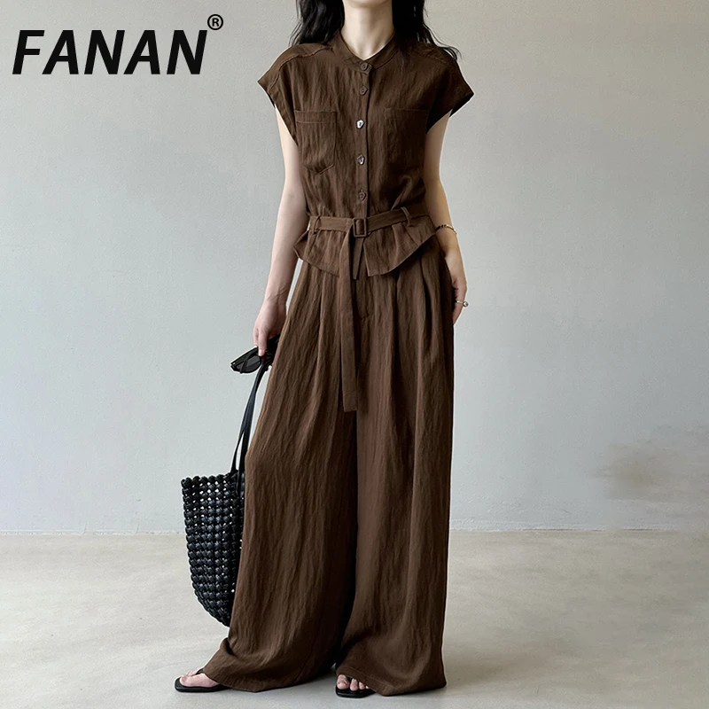 

FANAN Fashion Linen 2 Piece Set Women's Belt Gathered Waist Short Sleeve Shirts+high Waist Wide Leg Pants 2025 Summer New